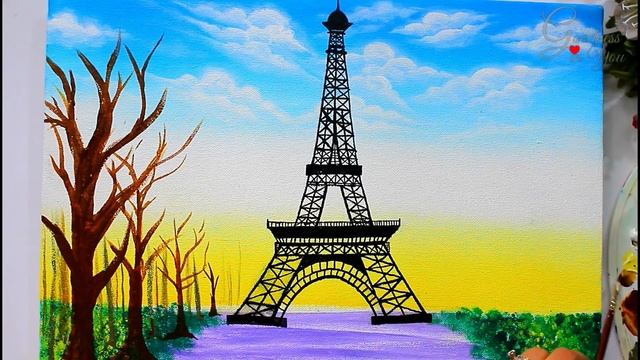 Springtime Cherry blossom Trees and Eiffel Tower Painting / Step by Step Tutorial for Beginners смотреть онлайн