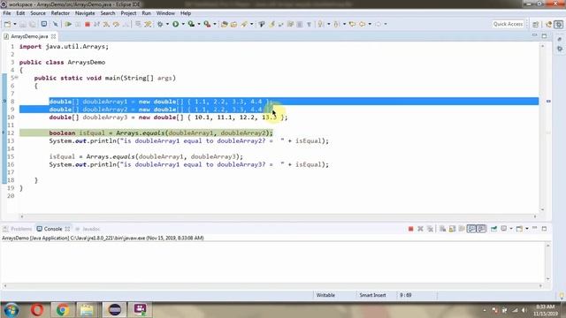How to use equals(double[] a, double[] a2) method of Java.util.Arrays Class? смотреть онлайн