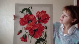 Картины из шерсти настенное панно Букет маки на подрамнике