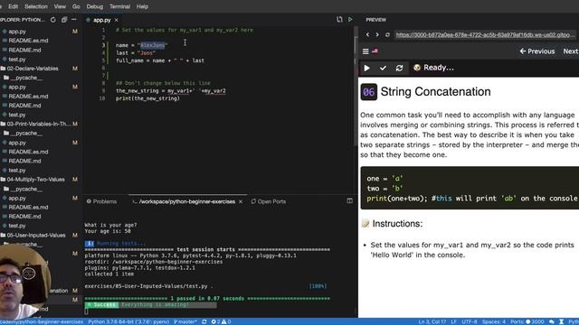 06 How to concatenate a string - Python Tutorial for Beginners (Interactive and Auto-graded)