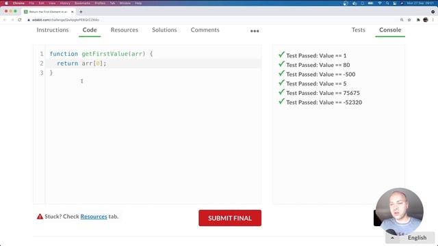 DevTips Daily: Edabit JavaScript coding challenge - Get first item in an array