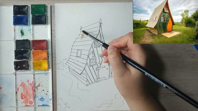 Как нарисовать Сказочный Домик акварелью . Уроки рисования. Скетчинг для начинающих