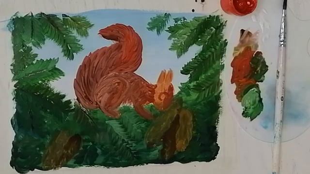 Гуашь Как легко и просто нарисовать белку на еловой веточке Рисуем с Любовью смотреть онлайн