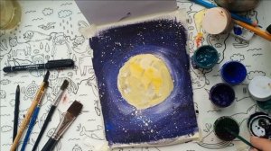 Луна и лес. Рисунок гуашью.
