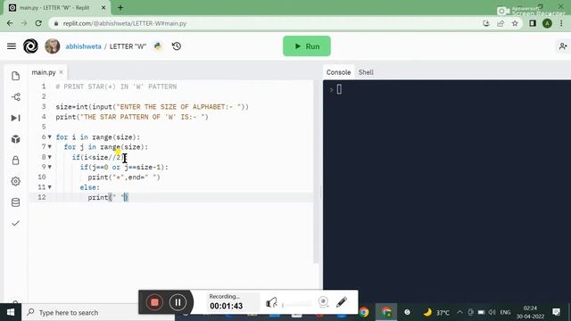 PYTHON PATTERN PROGRAM || PRINT STAR IN LETTER ' W ' PATTERN