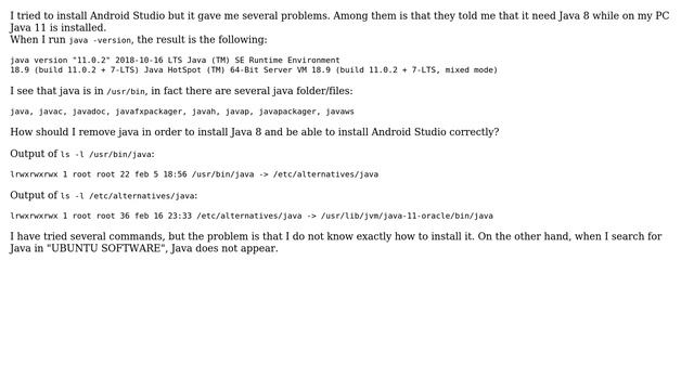 Ubuntu: How do I uninstall Java 11 to be able to install Java 8 for Android Studio?
