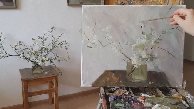 Живопись маслом. Натюрморт с цветущей вишней. Как быстро написать фон. смотреть онлайн