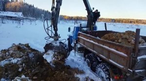 Атлант с90, самодельный грейферный захват, быстросьемный в работе, погрузка отходов пиления.