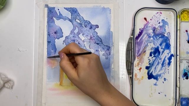 уютная зима акварелью. зимний мастер-класс акварелью. рисуем акварелью зиму. фонарь акварелью .