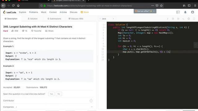 LeetCode 340. Longest Substring with At Most K Distinct Characters Explanation and Solution смотреть онлайн