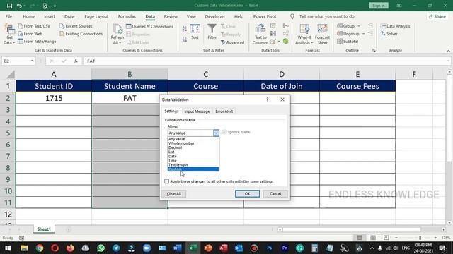 Custom Data Validation in Excel in Tamil