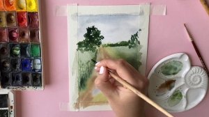 Летний пейзаж акварелью. Рисуем поле и дорогу с лужами