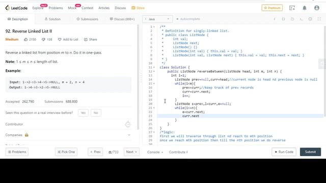 92. Reverse Linked List II|leetcode|Java смотреть онлайн