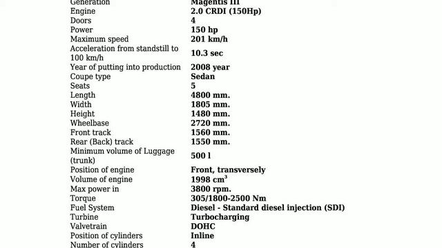 Kia - Magentis III - 2.0 CRDI (150Hp) - Technical specifications смотреть онлайн