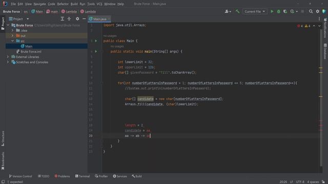 Brute Force - arrays, variables, for-loops, conditionals - Java coding example for beginners