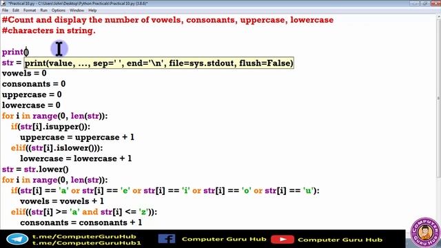 Count and display the number of vowels, consonants, uppercase, lowercase characters in string Pytho
