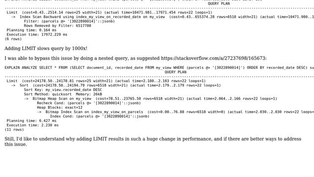 Databases: Why is LIMIT killing performance of this Postgres query? смотреть онлайн