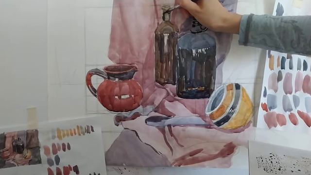 Обучающее видео по живописи.  Рисование натюрморта на формате А2. Продолжение. Часть 2.