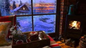 Cozy Winter Sunset near the Fireplace | Relaxing Fireplace Sounds in a Cozy Winter Cabin Ambience