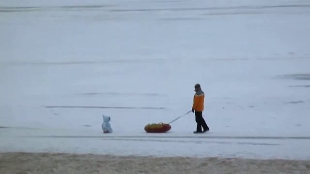 Папа гуляет с ребенком. Катает по льду