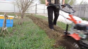 Работа мотоблока в саду.