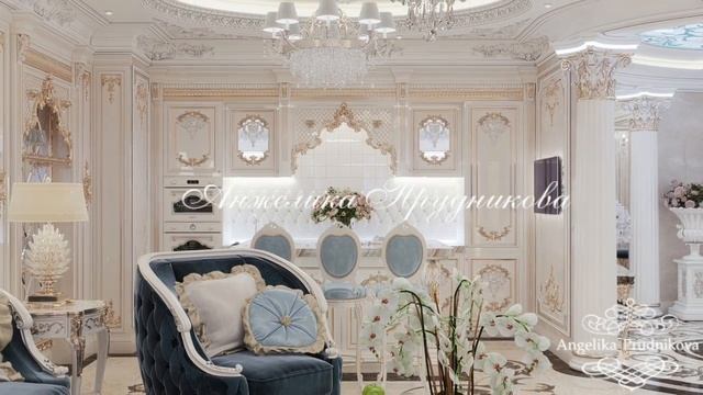 Высокохудожественный роскошный интерьер гостиной, переходящей в столовую и зону кухни. смотреть онлайн