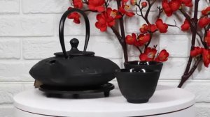 Ebros Japanese Forest Black Heavy Cast Iron Tea Pot Set With Trivet and Cups Set