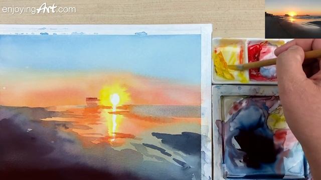 Watercolor painting of sunrise on beach смотреть онлайн