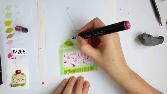 Как нарисовать маркерами фисташковое пирожное с вишней