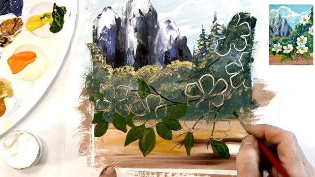«Весна в горах». Гуашь. Техника для начинающих.