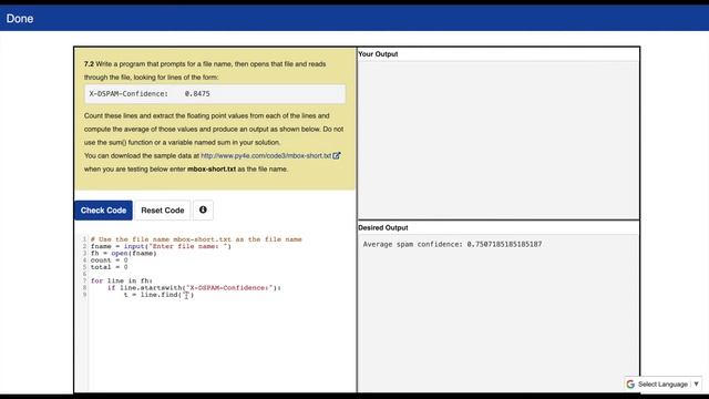 Python For Everybody Assignment 7.2 | Compute | extract floating point |   Count lines | X-DSPAM |