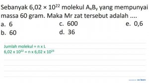 Sebanyak 6,02  x 10^(22)  molekul  A_(x) B_(y)  yang mempunyai massa 60 gram. Maka Mr zat tersebu..