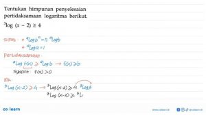 Tentukan himpunan penyelesaian pertidaksamaan logaritma berikut. 3log(x-2)﹥=4