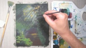 Акрилом рисуем солнечный свет в темном лесу с пошаговым комментарием. Рисование для начинающих.