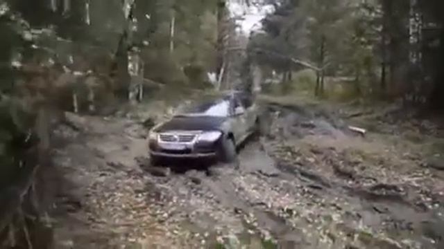 Volkswagen Touareg едет в тайге по грязи