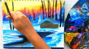 Winter Lake House | Acrylic Landscape painting for beginners