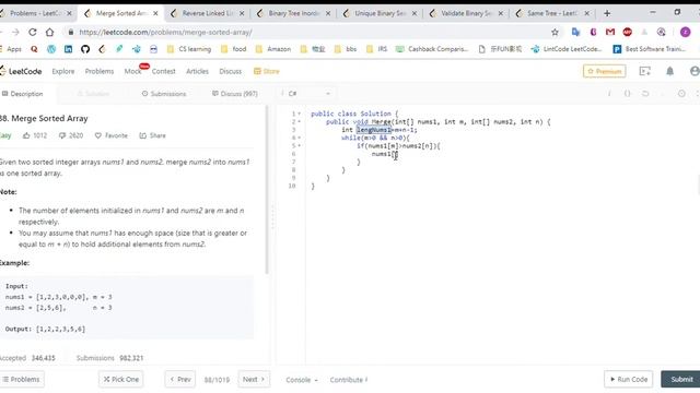 (C#)LeetCode 88  Merge Sorted Array
