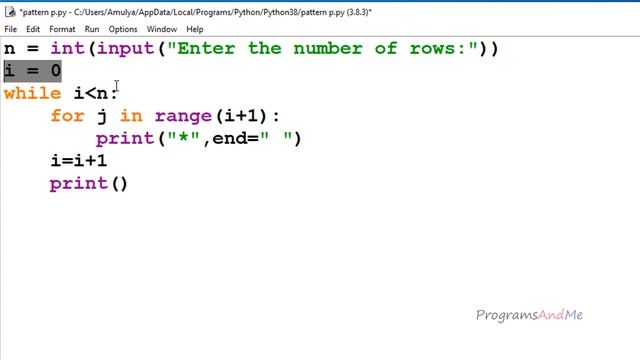 Printing Stars "*" in Right Triangle Shape | Python Pattern Program | While Loop