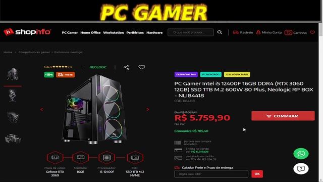 PROMOÇAO PC Gamer Intel i5 12400F 16GB DDR4 (RTX 3060 12GB) SSD 1TB M.2 600W 80 Plus, смотреть онлайн