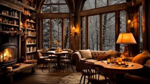 Winter Cozy Coffee Shop Bookstore Ambience ❄️ Relaxing Jazz Instrumental Music & Crackling Fireplac