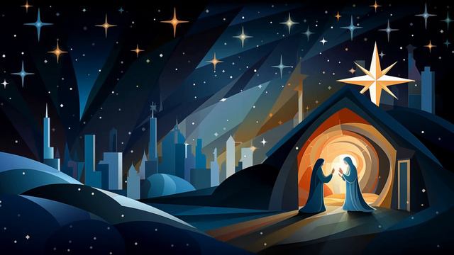 Christmas Manger Scene of Holy Family Christmas Star City Under Star Filled Starry Night Background смотреть онлайн