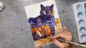 Кот и тыква. Рисую яркий скетч. Рисую кота и тыкву акварелью.