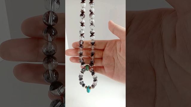 Natural turquoise pendant with Black Rutilated Quartz beads necklace jewelry full strand 16inch06