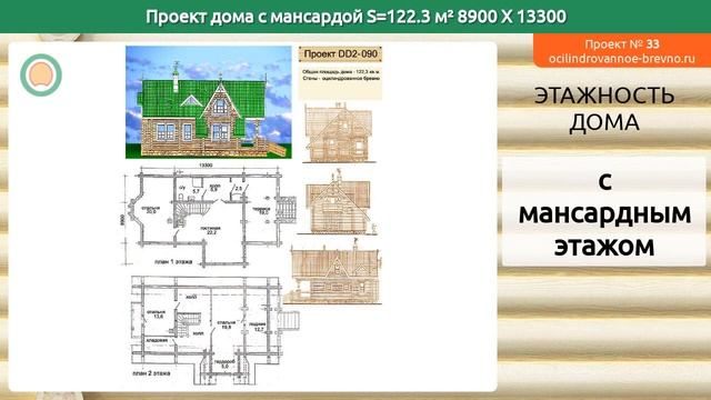 Проект дома № 33 с мансардным этажом 122 м2 8.9 X 13.3 из оцилиндрованного бревна