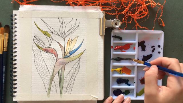 Watercolor painting with gold gilding |Bird of paradise flower-Strelitzia. Modern painting techniqu смотреть онлайн