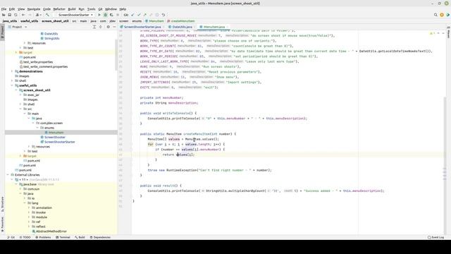How to read from console in java?Enum with instance properties and methods, static methods. L18
