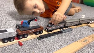 Wooden Railroad in action. Whittle Shortline Railroad and Choo Choo Track toy trains.