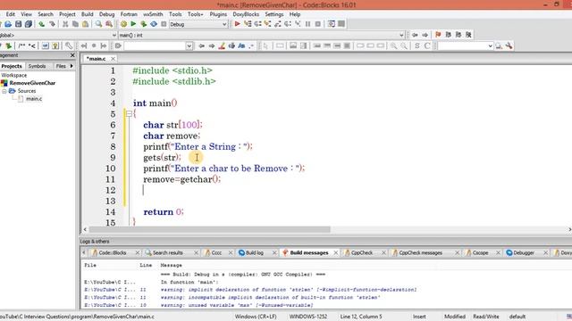 C Interview Questions tutorial #24 - Remove Given Character From String || Codenemy