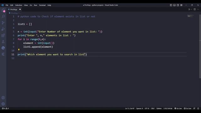 python code to Check if element exists in list or not. #pthon #newvideo #coding