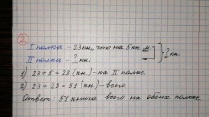 На одной книжной полке стоят 23 книги, что на 5 книг меньше, чем на другой. Сколько всего книг стои